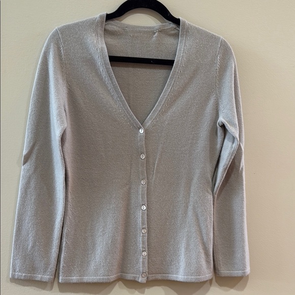 Tan V-Neck Cardigan Sweater with Fitted Silhouette - Picture 1 of 3